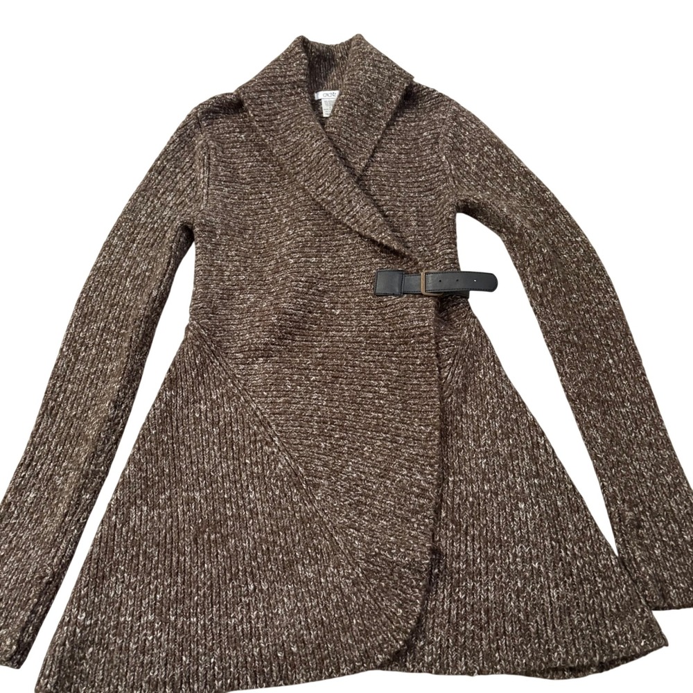 Cache Brown Marled Knit Shawl Collar Cardigan Sweater Side Buckle Wrap Womens M - Picture 2 of 11